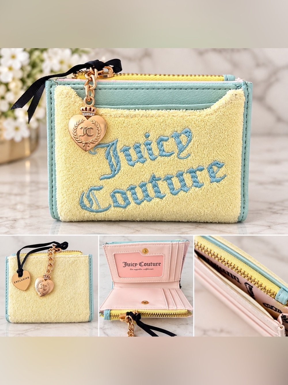 Juicy Couture Yellow Terry & Blue Zip Card Holder with Gold Heart Charm